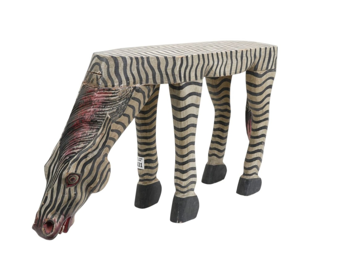 African Carved Zebra Painted Footstool, 13 1/2"h x 25"w x 6"d (1 of 7)