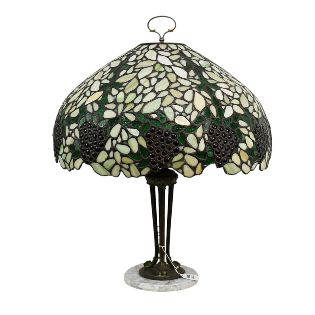 Leaded Glass Table Lamp, Bronze 3 Column Base Marked Handel, Shade with Grapes, 27"h x 27"w (1 of 11)