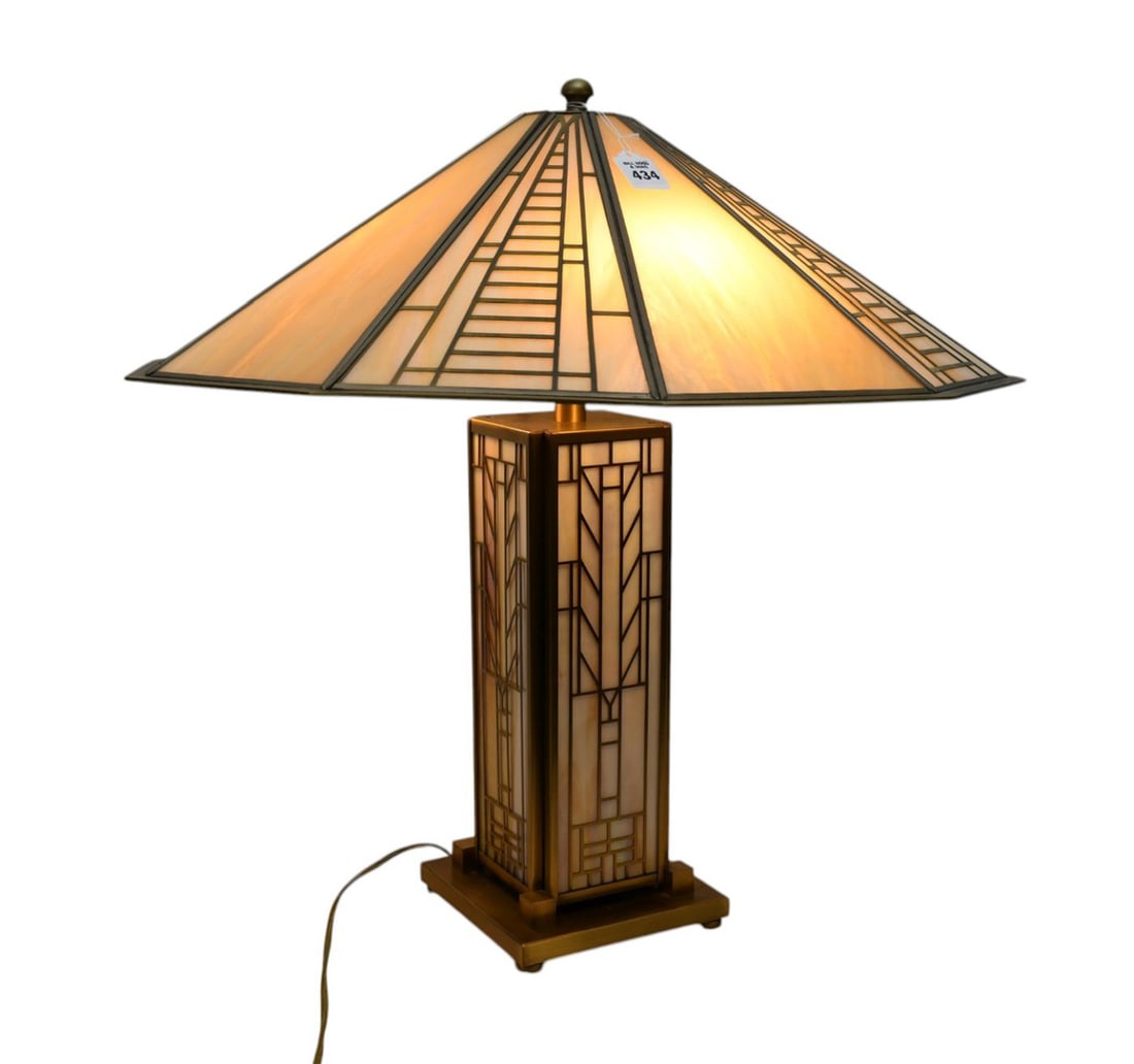 Art Deco Style Table Lamp, Opalescent Slag Glass & Bronze Shade on Matching Column, 25"h x 23"w (1 of 8)