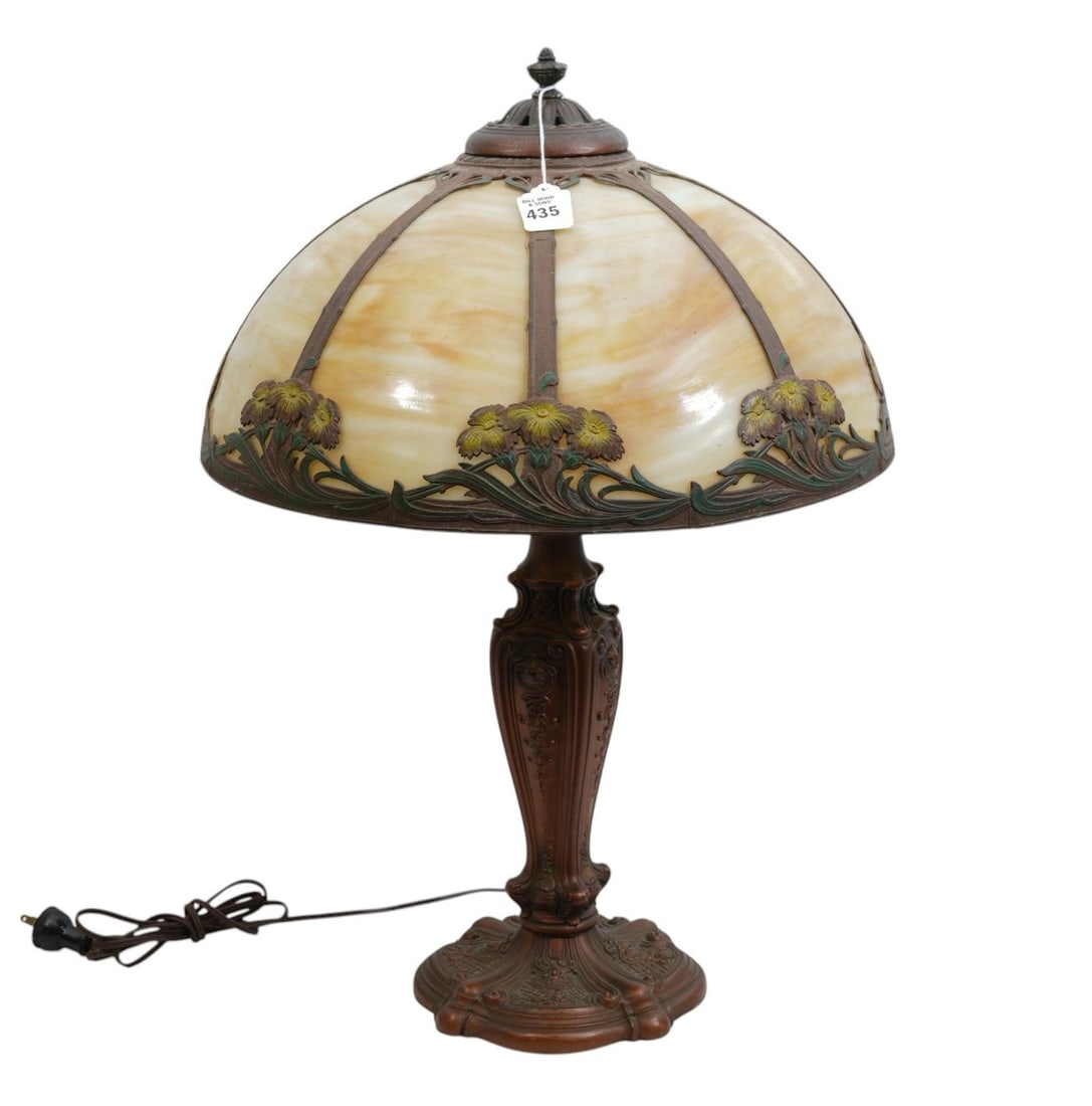 Vintage Art Glass Table Lamp, Caramel Slag Panels with Metal Floral Design on Original Base, 25"h x (1 of 6)