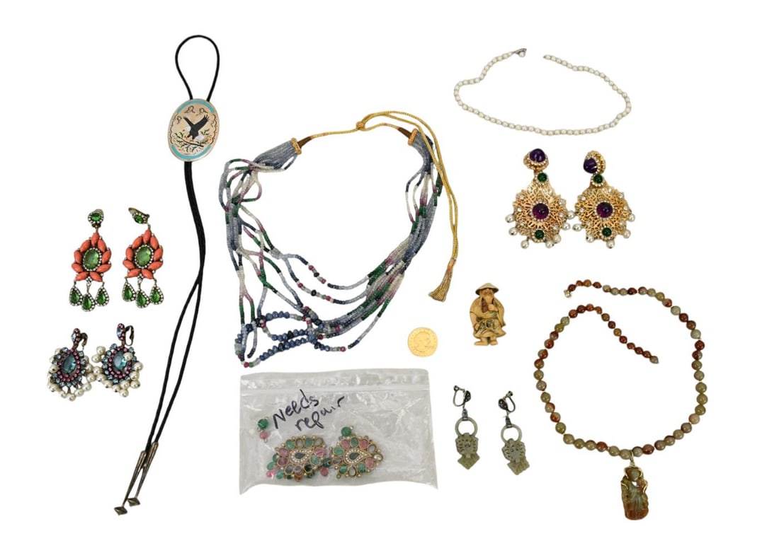 Designer Costume Jewelry Lot. Jade Filigree in sterling, Jade Necklace, 4 pairs Kenneth Lane: Designer Costume Jewelry Lot. Jade Filigree in sterling, Jade Necklace, 4 pairs Kenneth Lane Earrings ( 1 needs repairs ), Semi precious stone Necklace, Japanese netsuke with 14K hat, sterling silver 