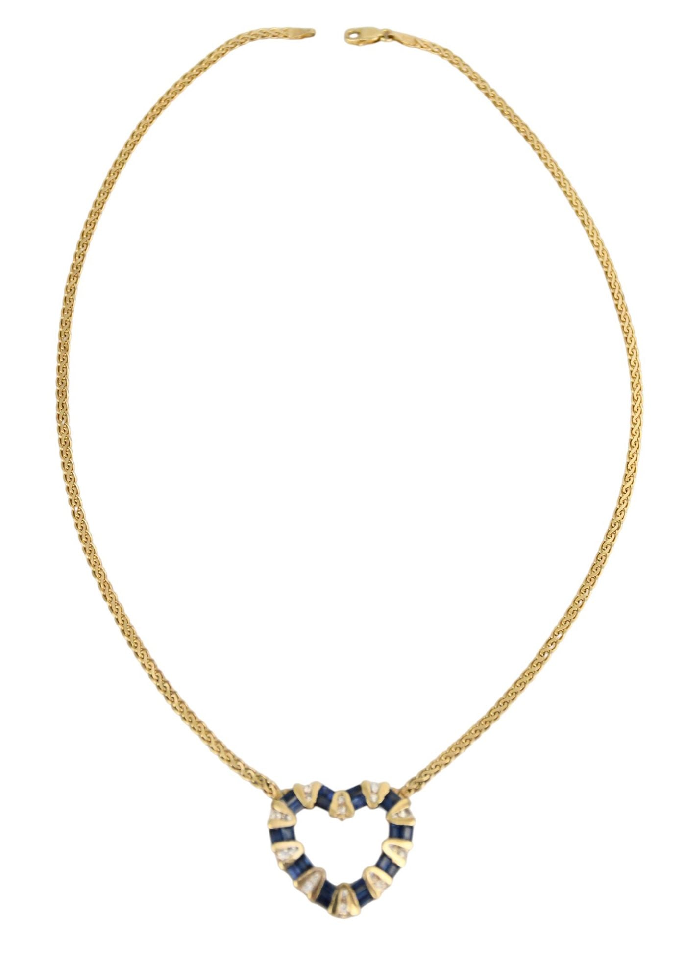 14K Yellow Gold Diamond Sapphire Heart Necklace. 16" wt. 10.7 grams: 14K Yellow Gold Diamond Sapphire Heart Necklace. 16" wt. 10.7 grams