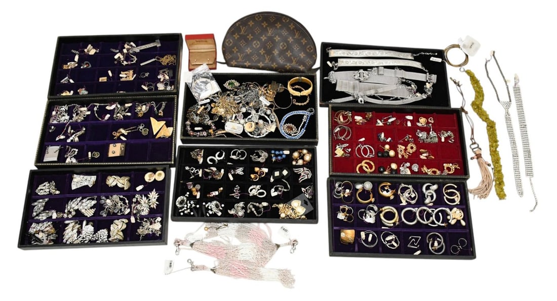 X-Large Lot of Costume Jewelry. Some signed. Earrings, Bracelets, Brooch. Cosmetic bag, Pendants and (1 of 16)