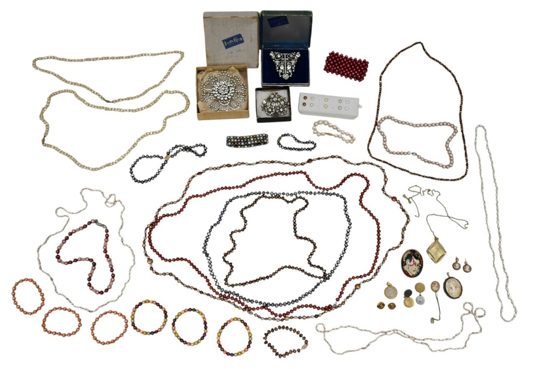 Costume Jewelry Lot, Pearls 2 with 14K gold clasp and 1 with sterling clasp. Cameo earrings marked: Costume Jewelry Lot, Pearls 2 with 14K gold clasp and 1 with sterling clasp. Cameo earrings marked 14K, Eisenberg Original brooch 3"