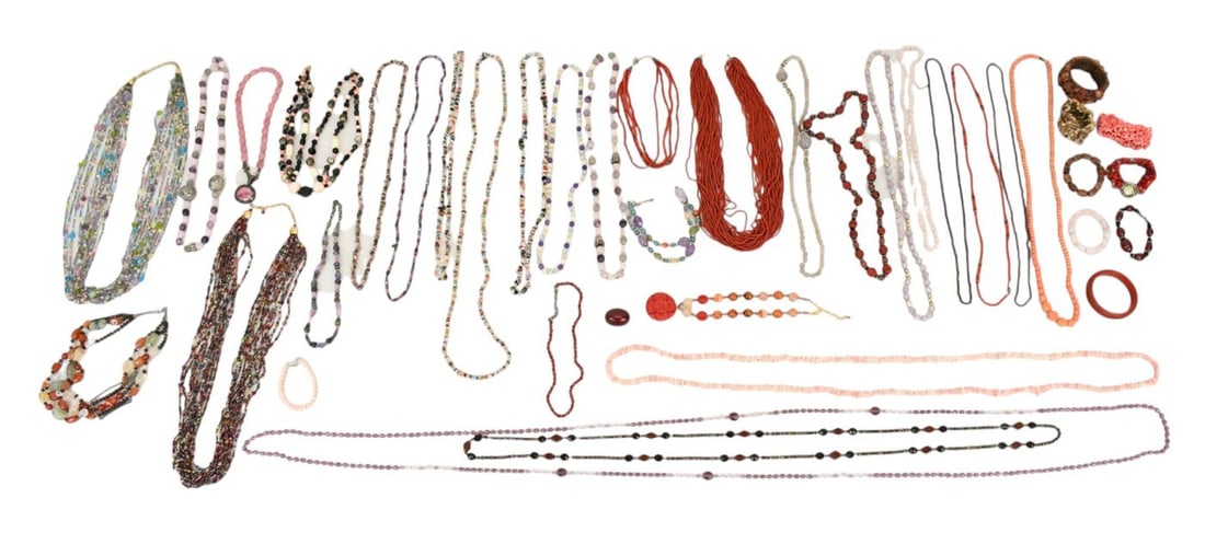 Large Costume Jewelry Lot. Mostly Necklaces, Coral, Cinnabar, Quartz, etc some with sterling clasp. (1 of 9)
