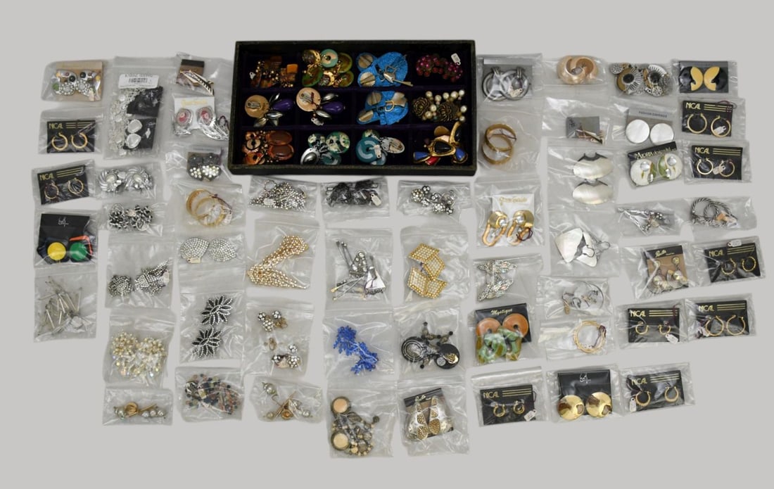 65 pairs of Costume Earring Lot. Various designers, clip-ons and pierced.: 65 pairs of Costume Earring Lot. Various designers, clip-ons and pierced.