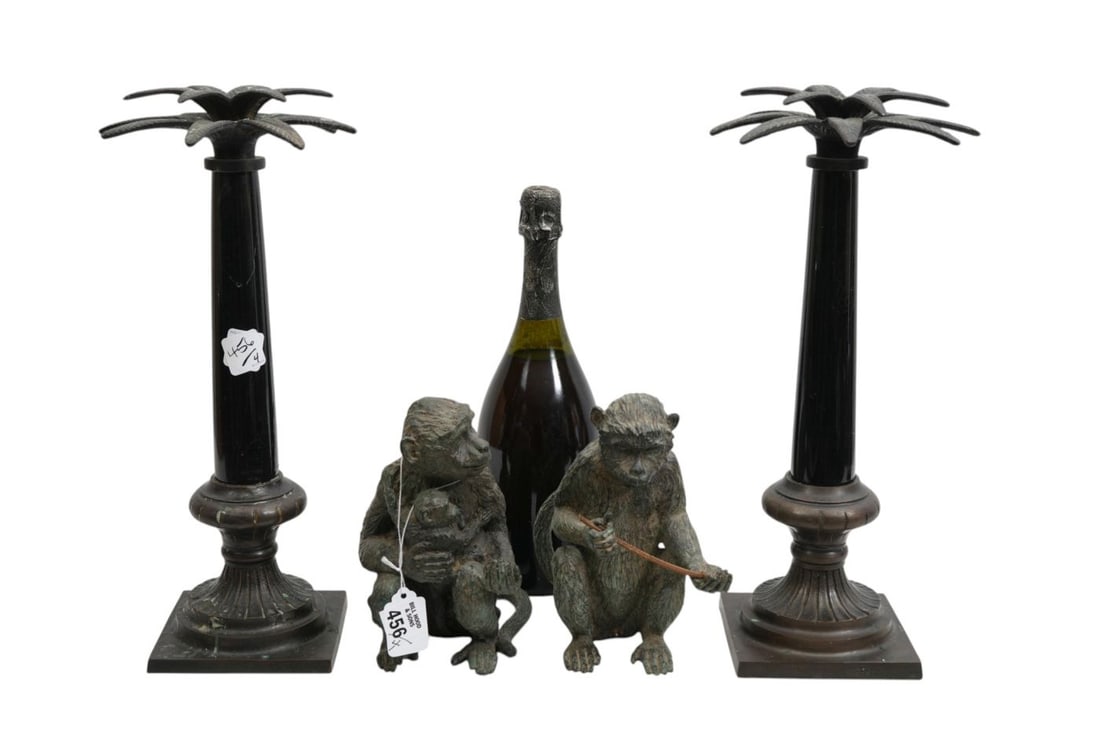 Pair Palm Tree Motif Candlesticks with Monkeys AND Monkey Family (15"h tallest) (1 of 7)