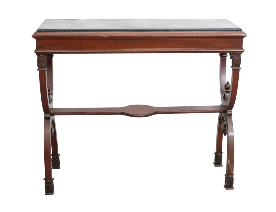 Console With Marble Inset Top Over Curule Stretcher Base, 37"h x 43"w x 16"d: Console With Marble Inset Top Over Curule Stretcher Base, 37"h x 43"w x 16"d