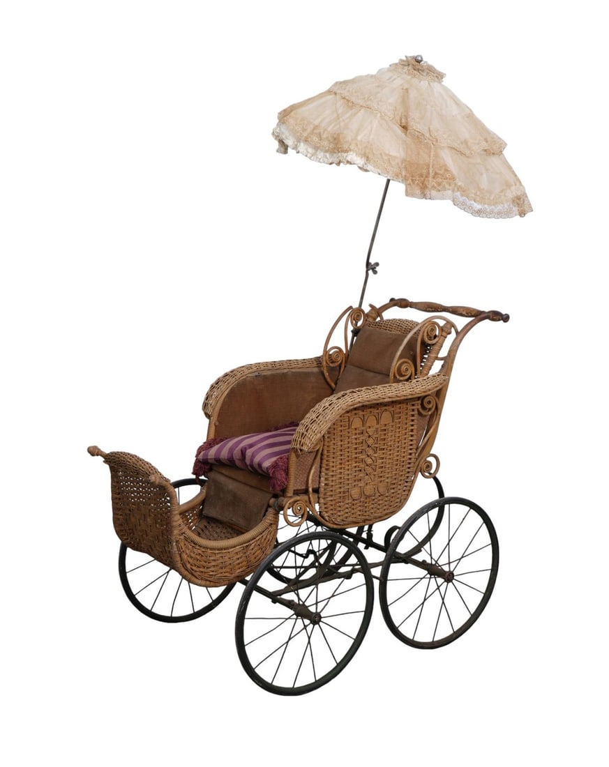 Antique Wicker "Baby Buggy" with Parasol, 37"h x 43"w (one break to wicker) (1 of 7)