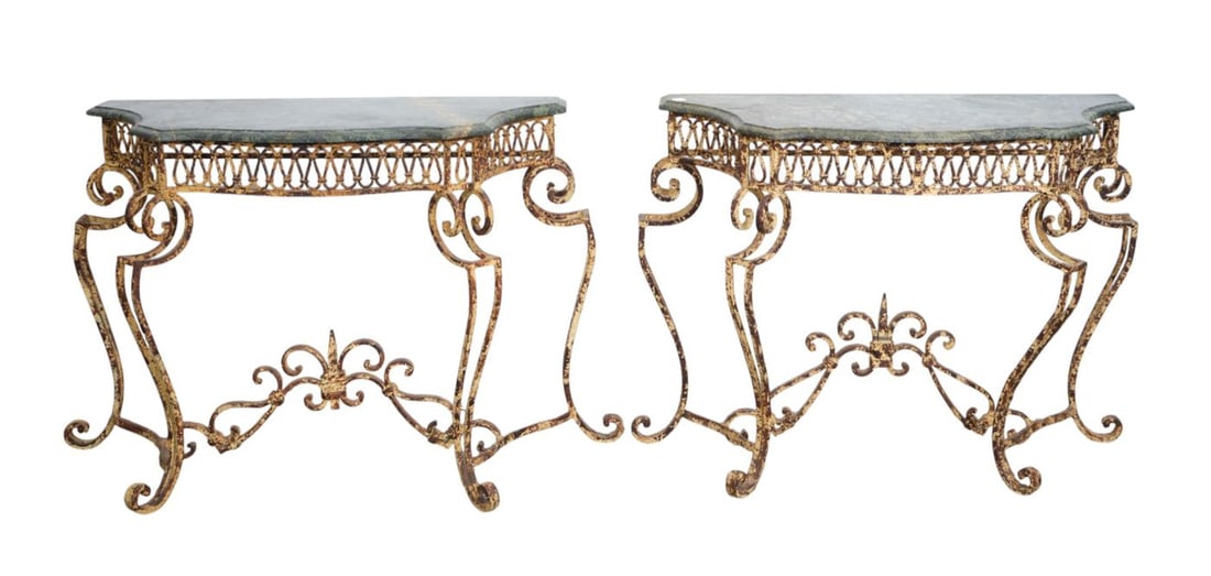 Pair Rusty Garden Consoles with Fleur-dis-Lis At Stretcher and Green Marble Tops, 31"h x 39"w x 16 (1 of 3)
