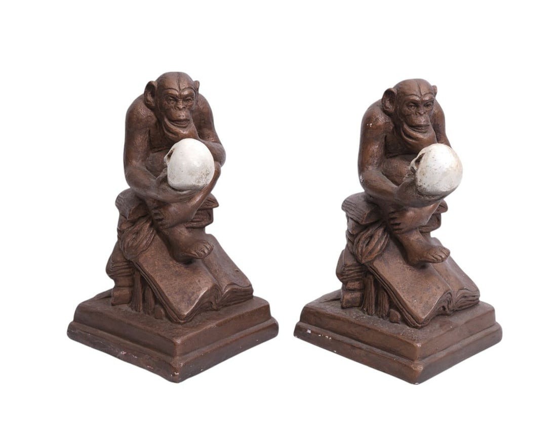 Pr. Of Composition Monkey & Skull Bookends, signed Austin Productions 1962, 9"h x 5 1/2"w (1 of 6)