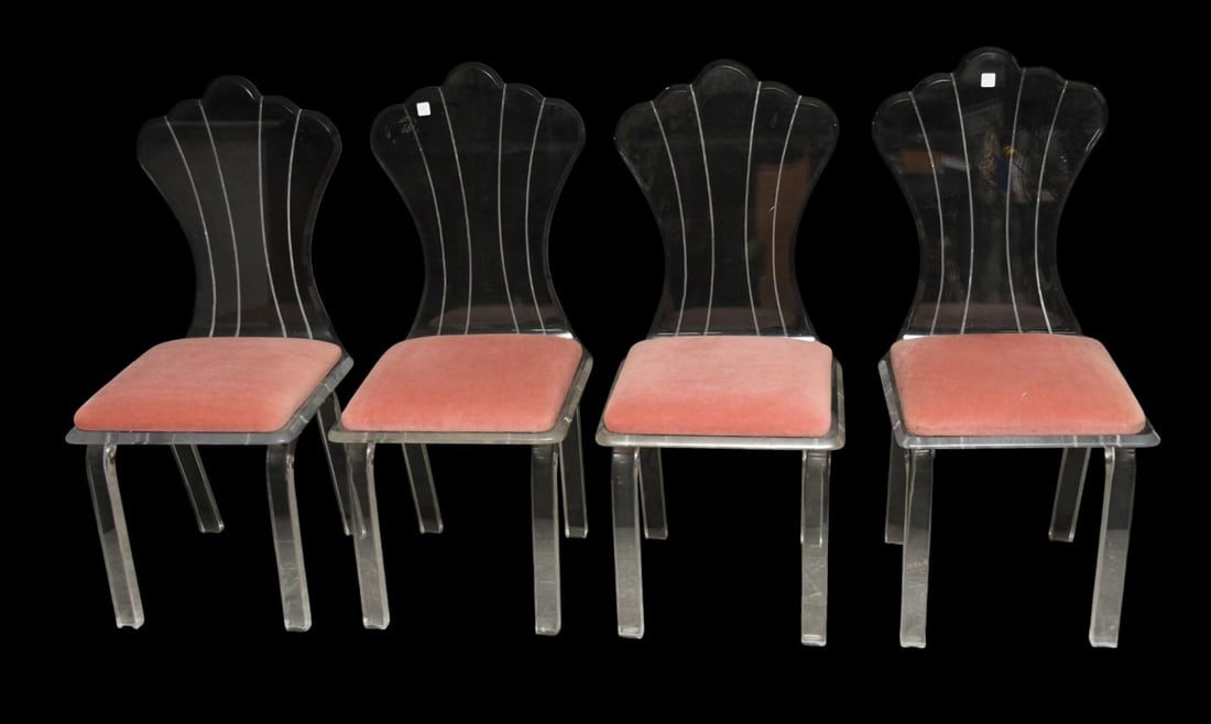 4 Vintage Lucite Shell Back Chairs with Pink Upholstered Seats, 41"h x 18"w (seats soiled) (1 of 4)