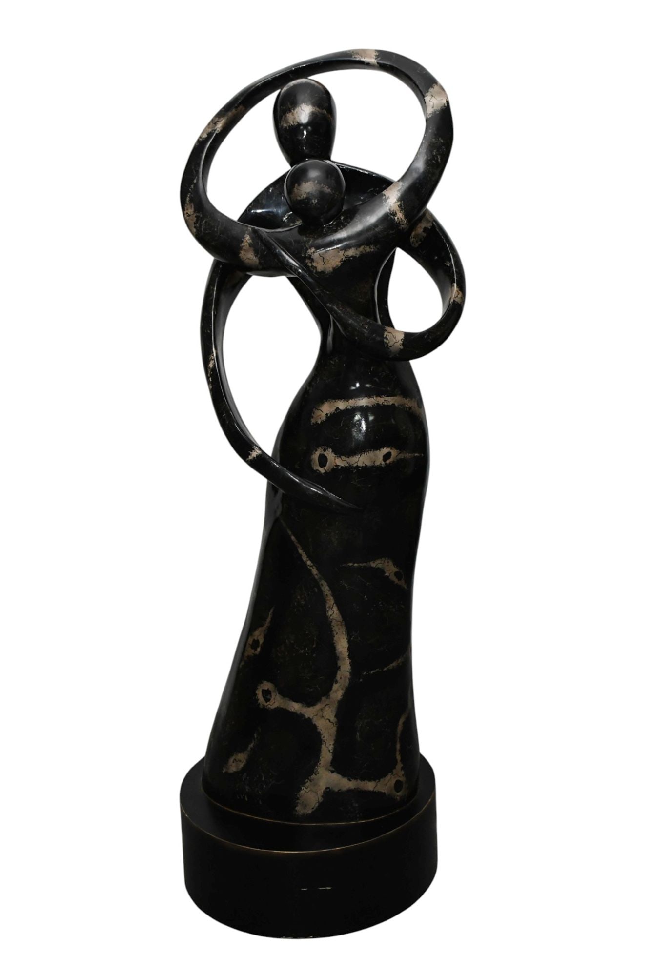 Large Composition Sculpture, Abstract Couple Embracing, Black with Gold Accents, 70"h x 20"w: Large Composition Sculpture, Abstract Couple Embracing, Black with Gold Accents, 70"h x 20"w