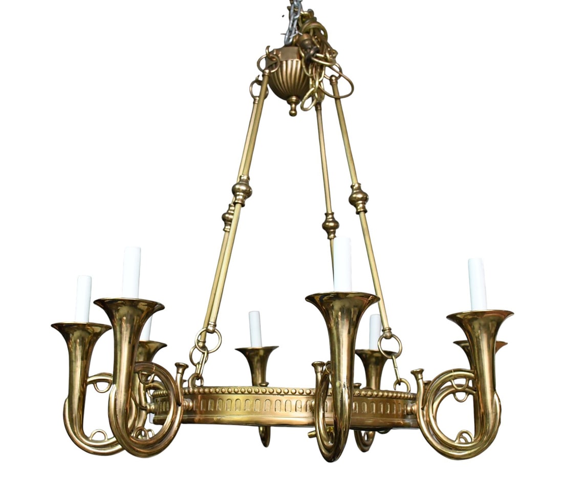 Mid 20th Cent. 8 light Brass Chandelier, lights with French horn design 29" high x 28" dia (1 of 5)