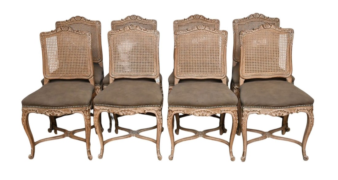 8 French Provincial Dining Room Side Chairs, Caned Backs & Carved Aprons with Suede Seats (1 of 9)