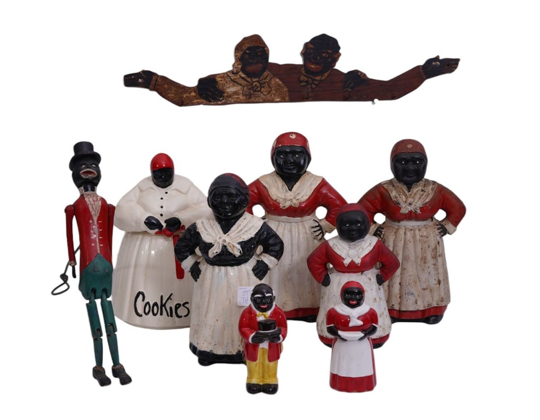 Black Americana Collection; 4 Iron Doorstops, Ceramic Cookie Jar & Salt & Peppers, Key Hook and: Black Americana Collection; 4 Iron Doorstops, Ceramic Cookie Jar & Salt & Peppers, Key Hook and Dancing Toy, Largest Doorstop 12"h x 7"w & Toy 20"L