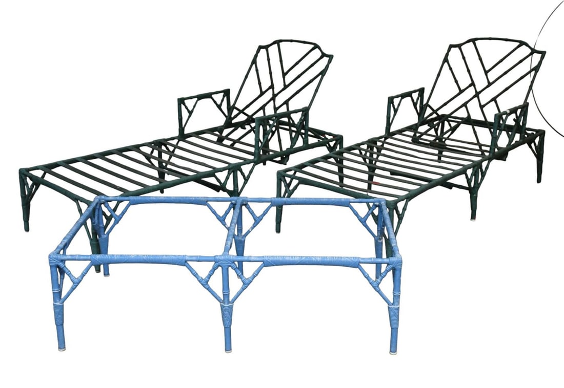 2 Vintage Bamboo Motif Metal Patio Chairs with Navy Blue Cushions AND Blue Bamboo Motif Metal Coffee (1 of 8)