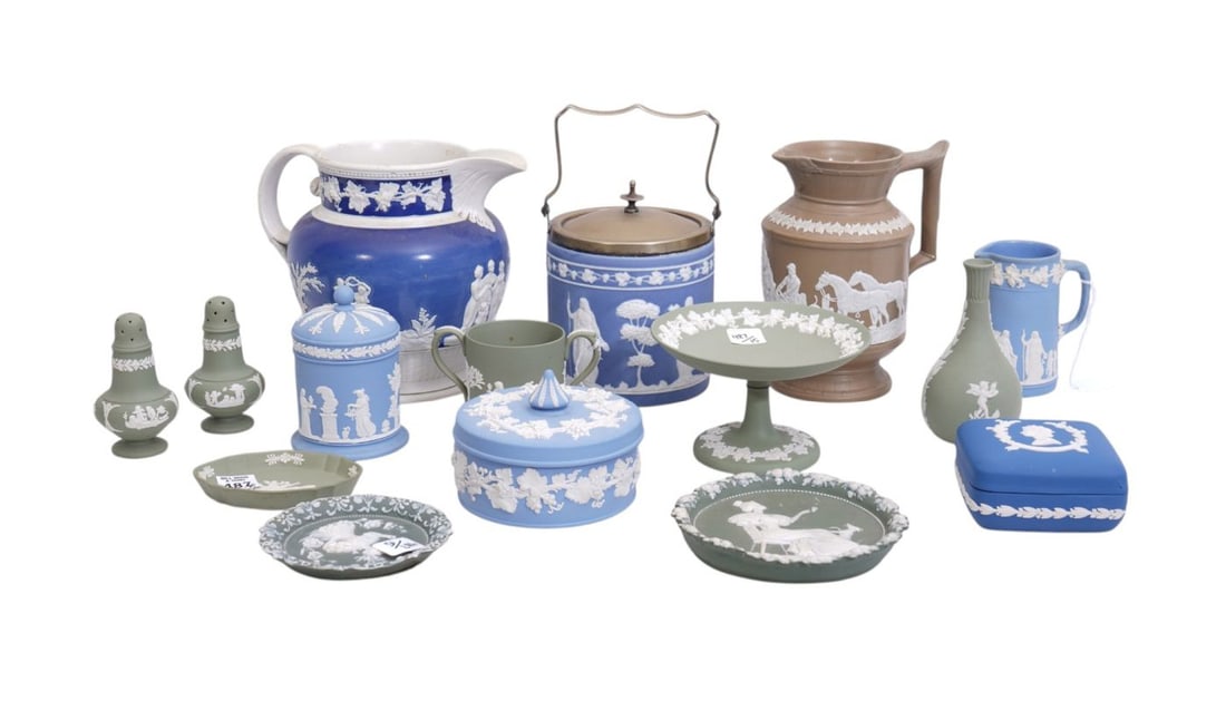 13 Assorted Antique Wedgwood Jasperware Tablewares, Tallest 8"h (pitcher has repair & 2 unsigned) (1 of 12)