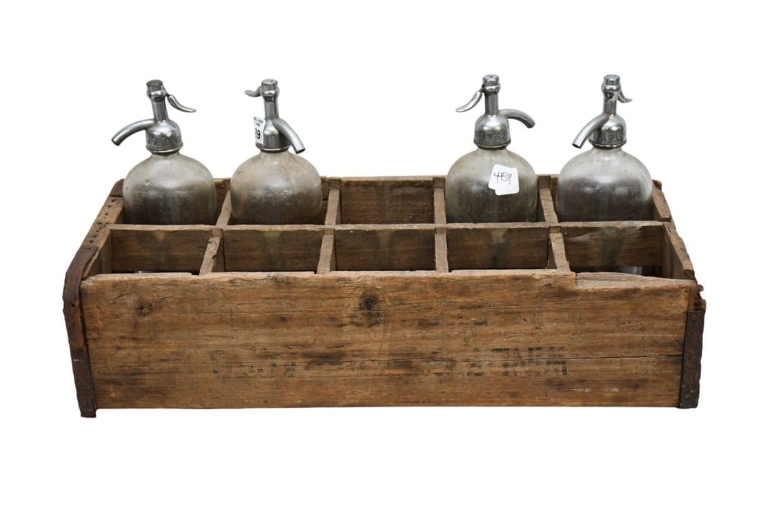 4 Vintage Seltzer Bottles in Divided Wood Box, 6"h x 23"w x 9 1/2"D (1 of 14)