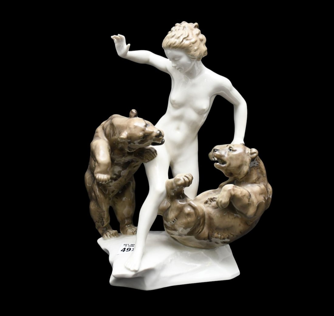 German Porcelain Nude Figure Fighting 2 Bears, Impressed K Tutter, 13"h x 11"w (1 of 8)