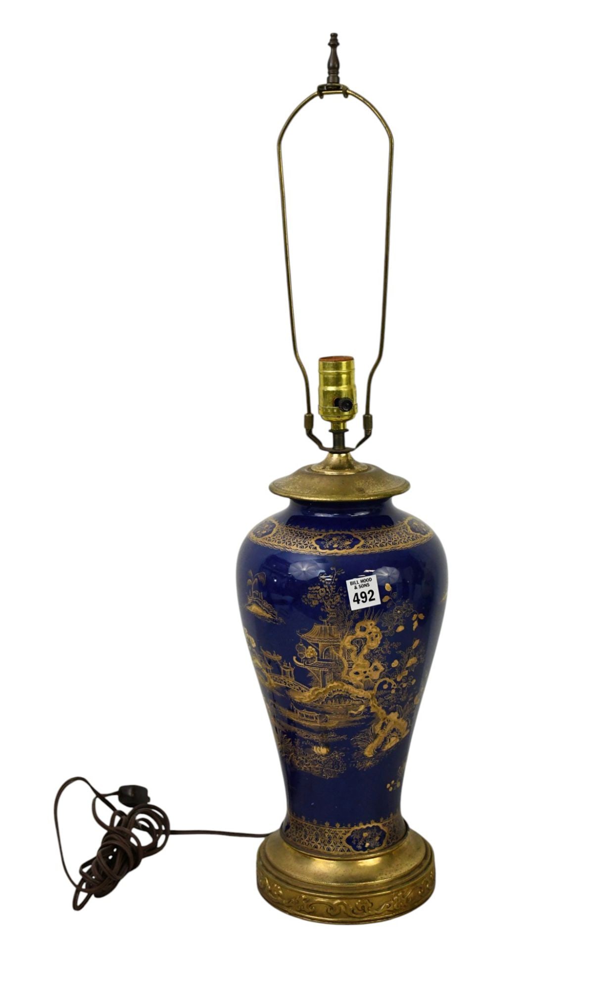 Cobalt Blue Porcelain Vintage Lamp with Gilded Chinese Landscape Motif Design, 31"h (1 of 5)