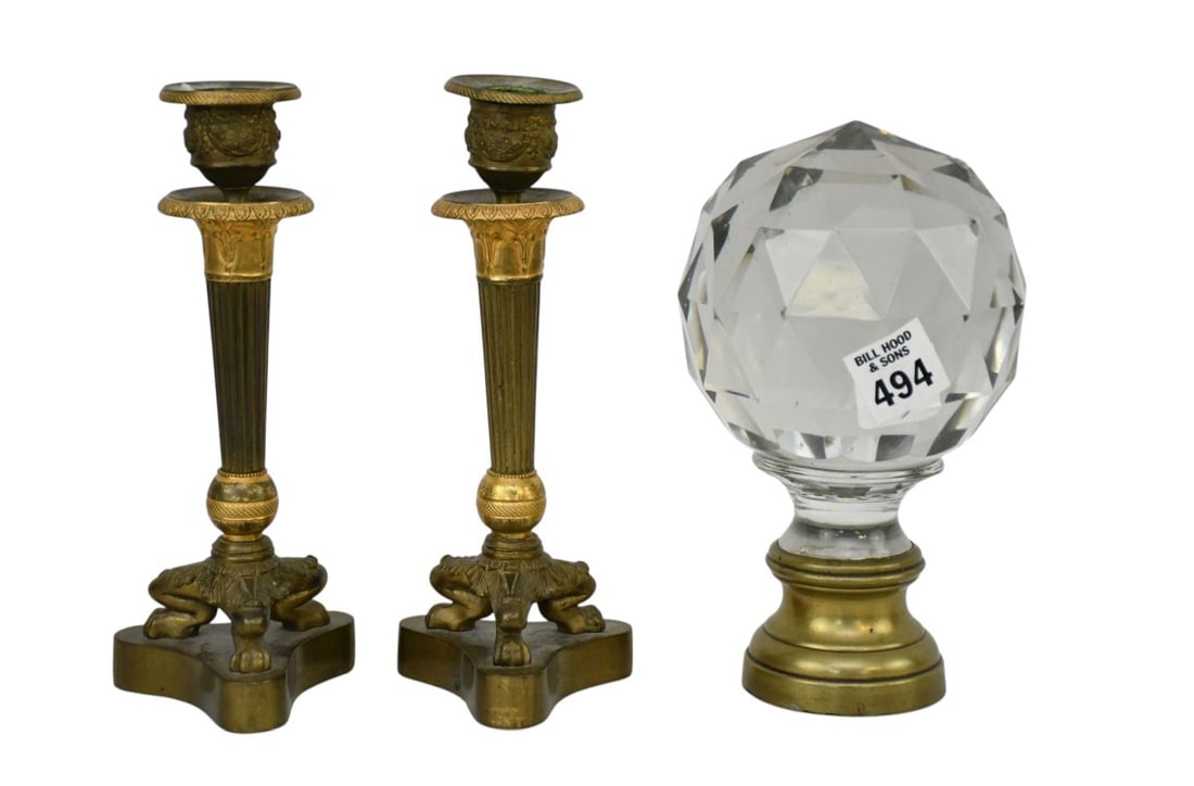 3 pc. Objects D 'Art, Pr. Bronze Candlesticks, 7 3/4"h x 3"w and Crystal Faceted Orb Mounted on (1 of 6)