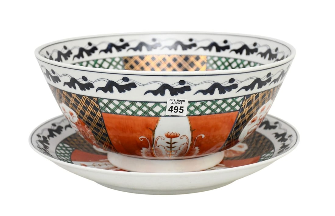 Imari Style Punch Bowl & Matching Platter, Stamped Hand Painted in Hong Kong, 7 3/4"h x 16"w: Imari Style Punch Bowl & Matching Platter, Stamped Hand Painted in Hong Kong, 7 3/4"h x 16"w