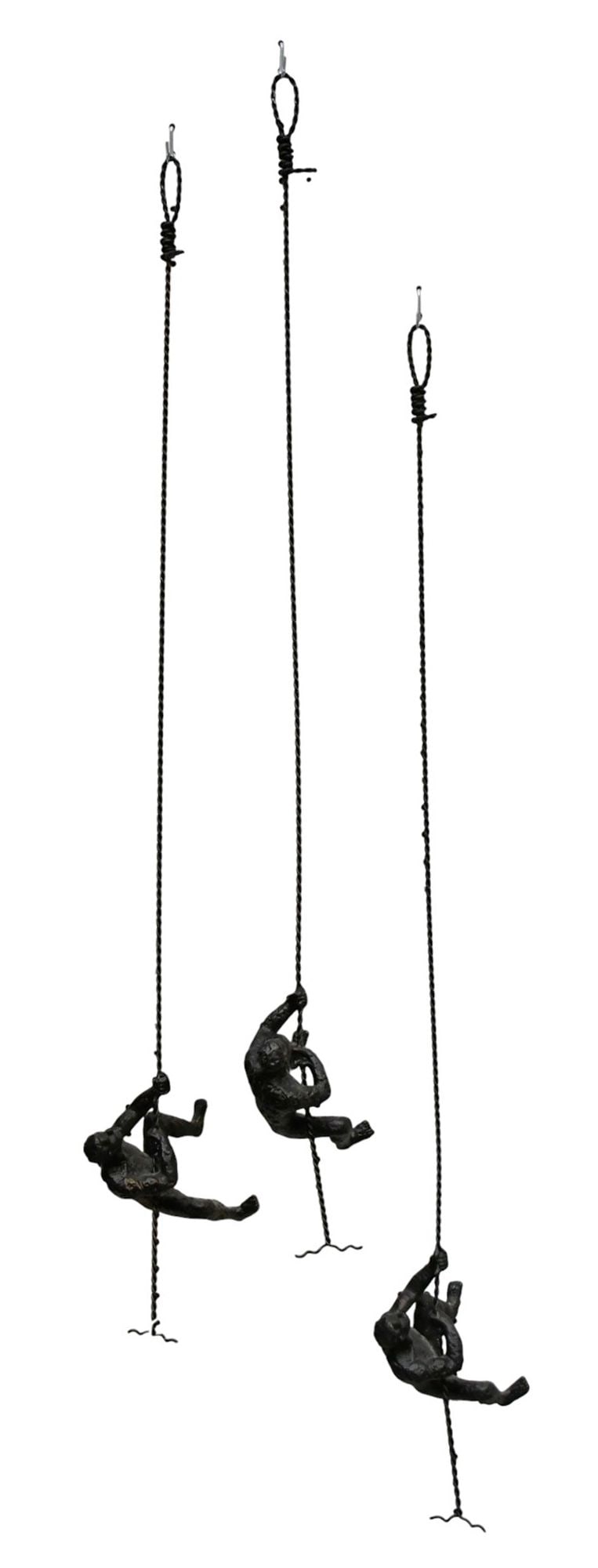 3 Bronze Modern Sculptures of Men Scaling Ropes, 43"h , Climber Figure 7"h x 5"w: 3 Bronze Modern Sculptures of Men Scaling Ropes, 43"h , Climber Figure 7"h x 5"w
