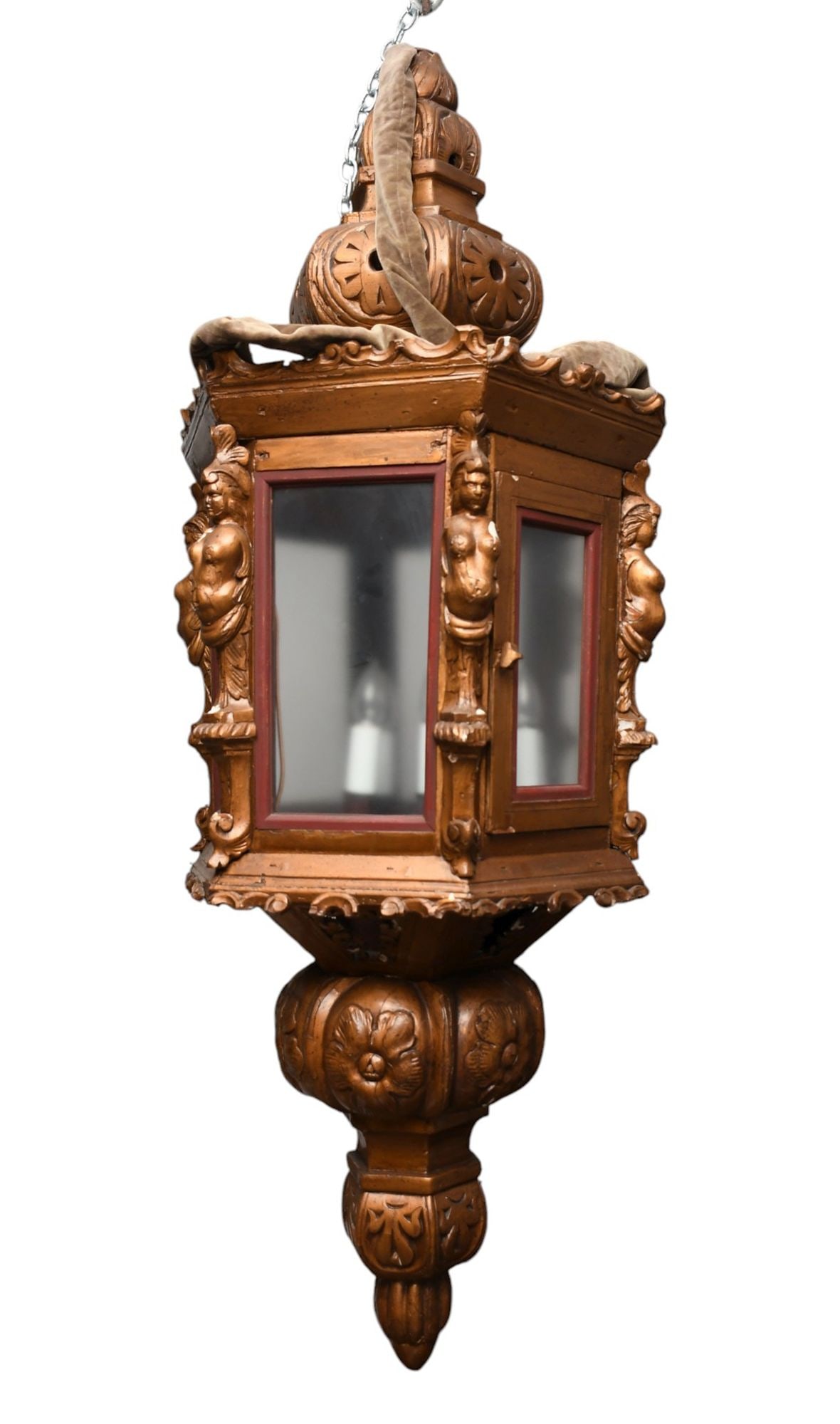 Antique Continental Carved Lantern Lighting Fixture, Carved Figures Around Glass Panes, 58"h x 22"w (1 of 12)
