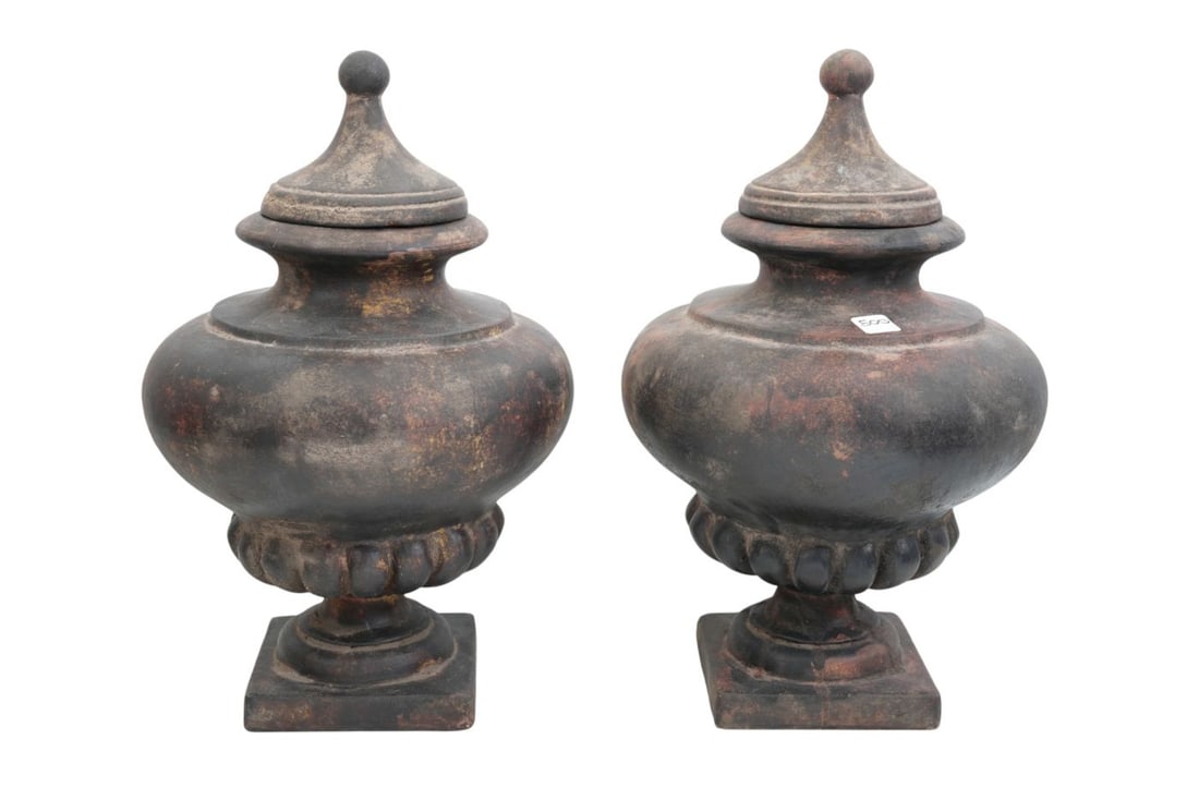 Pair Clay Bulbous Urns, 19"h x 11"d: Pair Clay Bulbous Urns, 19"h x 11"d