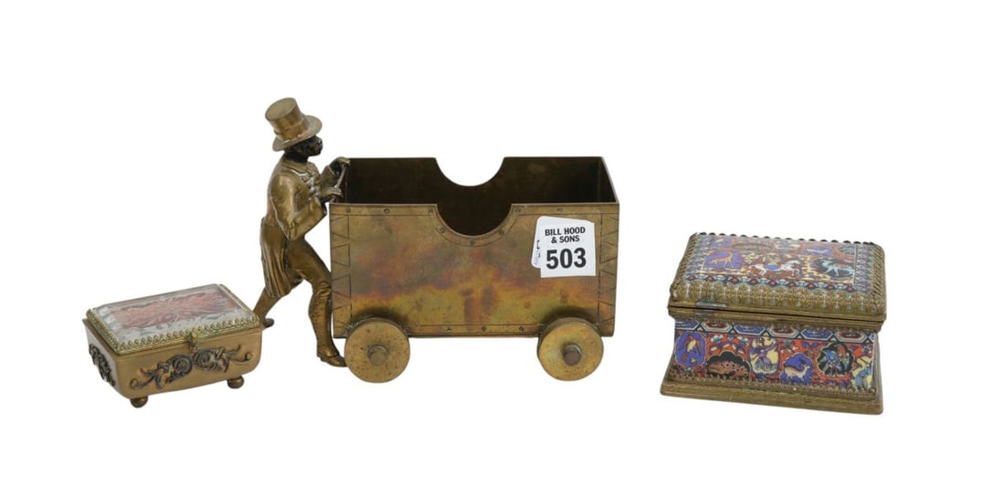 Brass Figural Wagon Planter (5 1/2"h x 7"w), Miniature Box with Etched Glass Top (1 1/2"h x 2 1/2"w): Brass Figural Wagon Planter (5 1/2"h x 7"w), Miniature Box with Etched Glass Top (1 1/2"h x 2 1/2"w) and Porcelain Box Painted Persian Design In Brass Frame (1 3/4"h x 4"w)