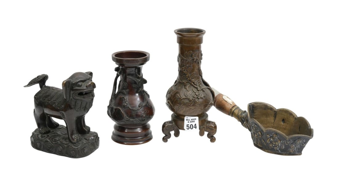 4 Chinese Bronze Pcs; Silk Iron, Vase With Birds, Vase with Trees & Birds on Elephant Feet and Foo: 4 Chinese Bronze Pcs; Silk Iron, Vase With Birds, Vase with Trees & Birds on Elephant Feet and Foo Dog, Largest 8"h x 4"w
