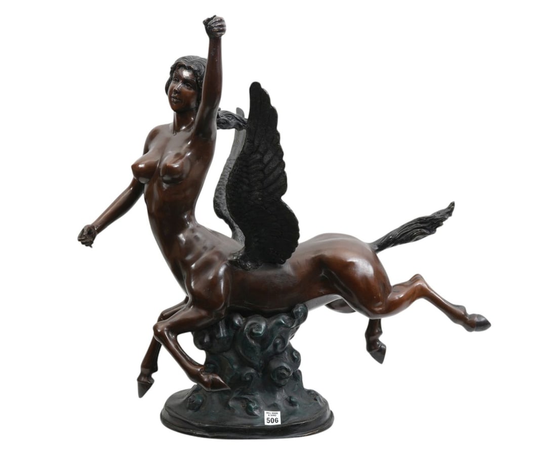 Bronze Mythological Winged Horse, Part Female (missing held object), 26"h x 27"w x 20"d: Bronze Mythological Winged Horse, Part Female (missing held object), 26"h x 27"w x 20"d