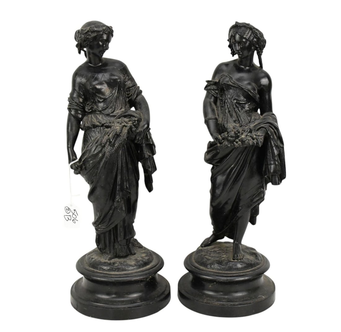 Pr. Classical Maidens Carrying Fruit and Wheat, White Metal with Black Finish, 20"h x 6"d: Pr. Classical Maidens Carrying Fruit and Wheat, White Metal with Black Finish, 20"h x 6"d