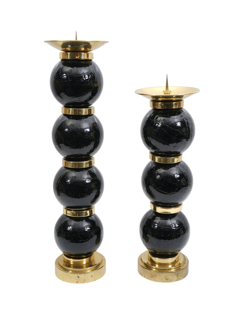 2 Modern Candlesticks, Black Spheres Forming Column with Brass Accents, Tallest 19"h x 5"d (1 of 3)