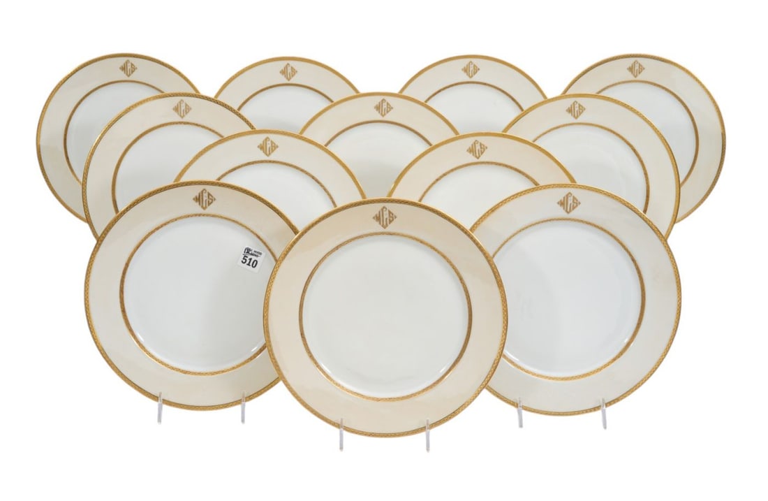 11 Antique Limoges Dinner Plates, Gold Accents on White with Monogram, Boston, Gold Accents (some (1 of 8)