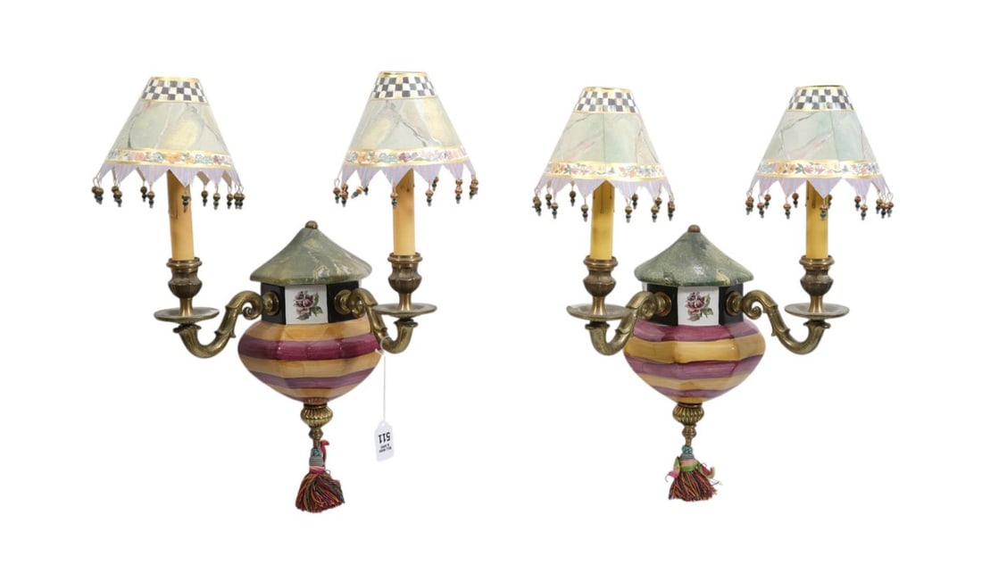 Pair Mackenzie Childs 2 Branch Wall Sconces with Paper Shades, 18"h x 11"w: Pair Mackenzie Childs 2 Branch Wall Sconces with Paper Shades, 18"h x 11"w