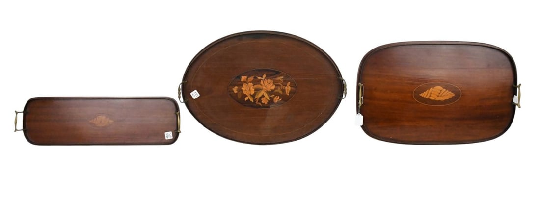 3 Antique Mahogany Serving Trays, Longest 25"L (some imperfections) (1 of 7)