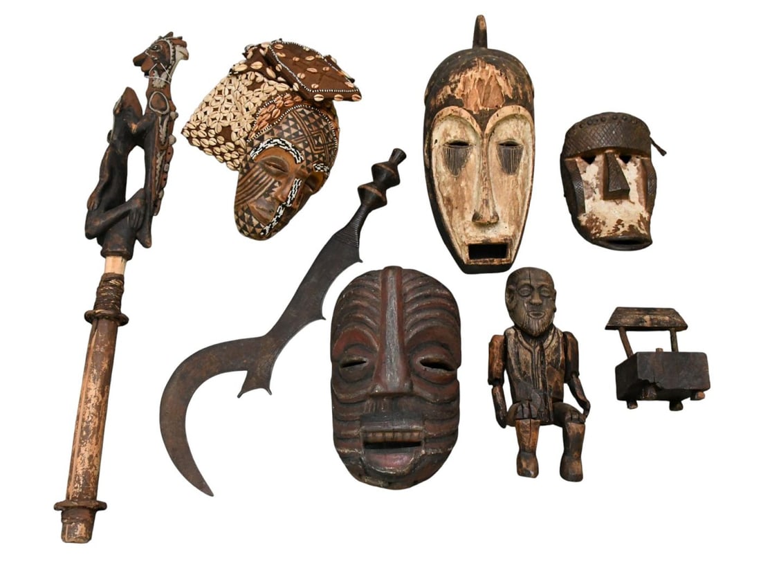 Very Primitive African Masks, tool, ceremonial piece 36"h Tallest (some as is) (1 of 9)