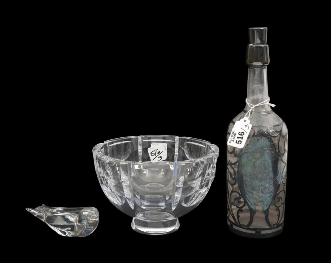 Orrefors Crystal Glass Bowl (4 3/4"h x 7 1/4"w) Baccarat Bird & Antique Decanter (sick) Glass with: Orrefors Crystal Glass Bowl (4 3/4"h x 7 1/4"w) Baccarat Bird & Antique Decanter (sick) Glass with Silver Overlay (12"h)