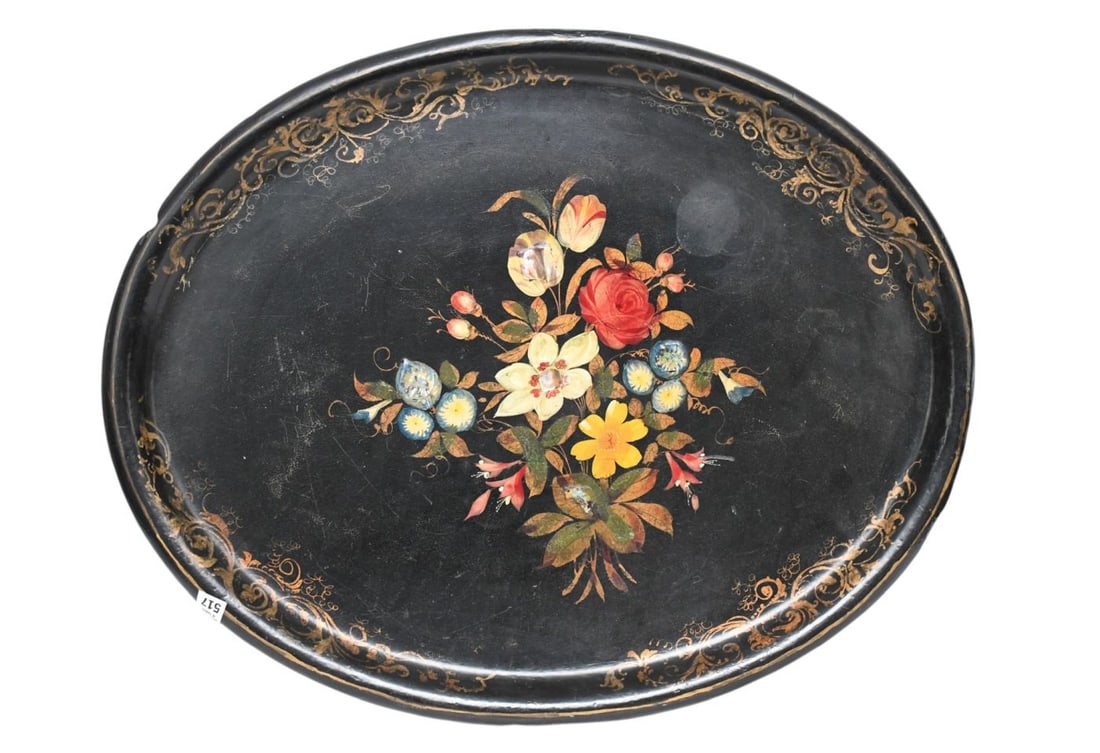 Antique Oval Paper mâché Tray, Hand painted Flower & Gilded Accents, 29"h 24"d (missing pcs.): Antique Oval Paper mâché Tray, Hand painted Flower & Gilded Accents, 29"h 24"d (missing pcs.)