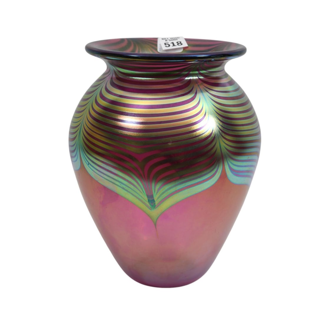 Stuart Abelman Art Glass Contemporary Vase, Purple with Pulled Feather Design, Signed Stuart (1 of 4)