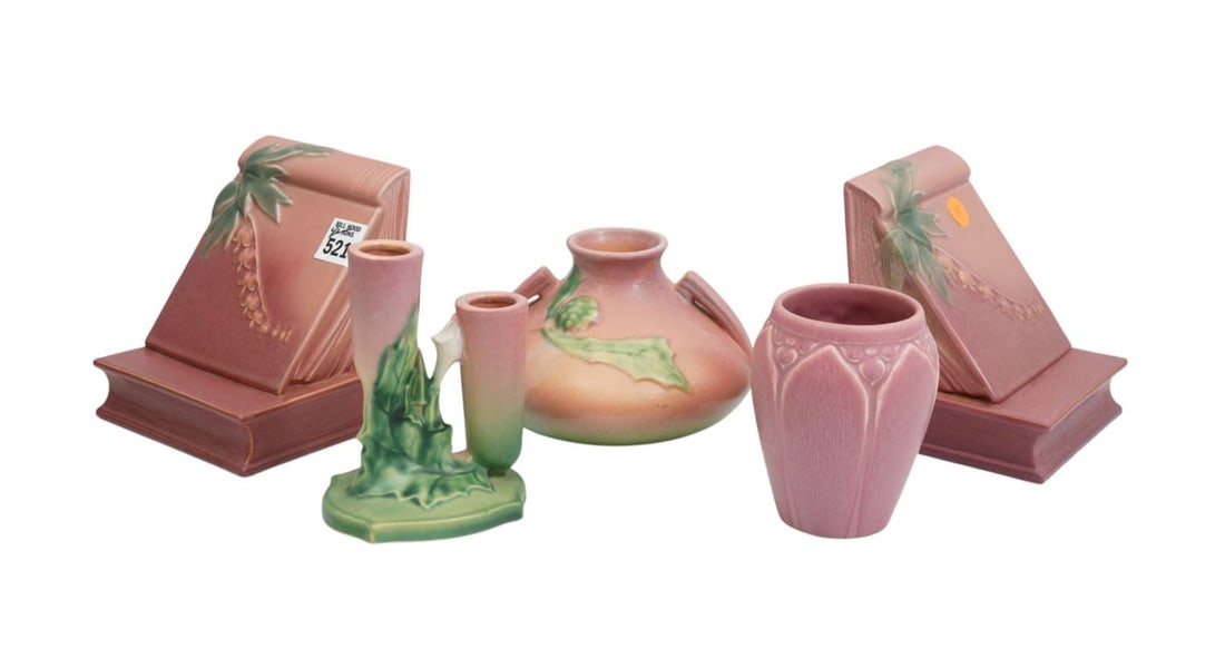 5 Pcs. Art Pottery, 3 Roseville, 1 Rookwood Vase, Tallest 6"h (1 of 8)