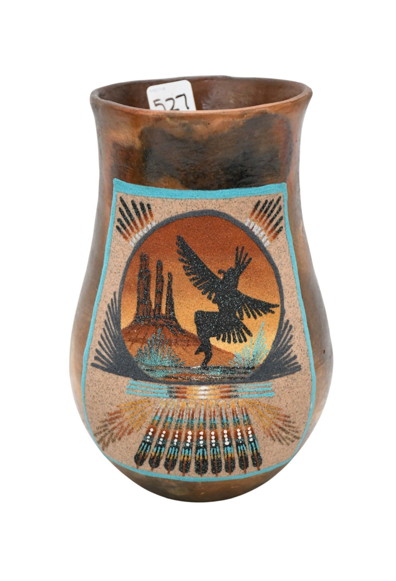 Navajo Pottery Vase, Sand Art Designs on Both Sides, 8 3/4"h x 6"w: Navajo Pottery Vase, Sand Art Designs on Both Sides, 8 3/4"h x 6"w