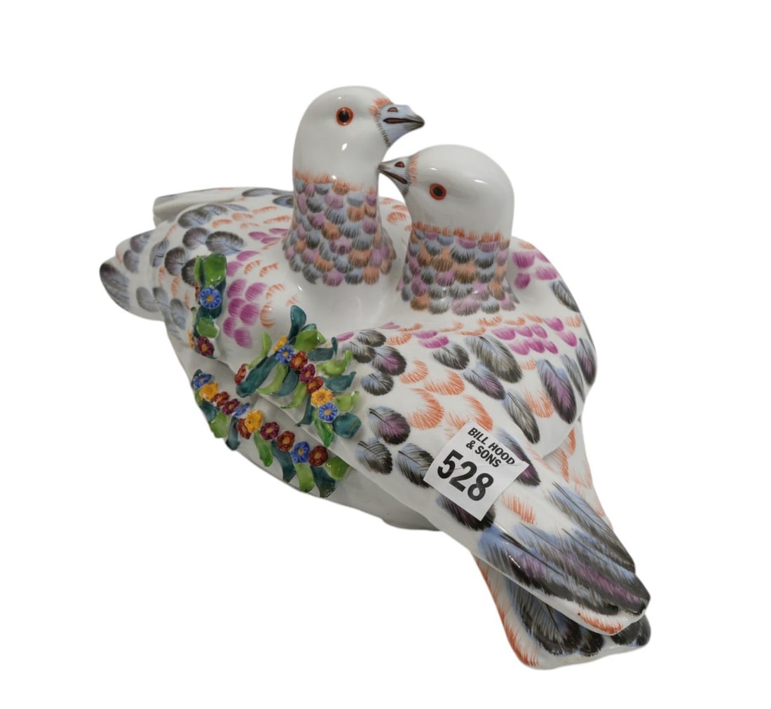 Double Bird Form Covered Dish, 6"H x 14"w (some paint loss): Double Bird Form Covered Dish, 6"H x 14"w (some paint loss)