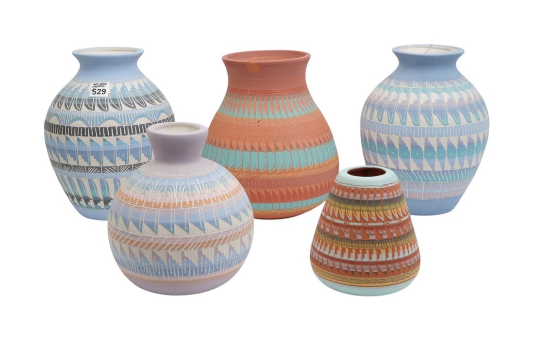 Contemporary Navajo Southwest Pottery Grouping, Signed, Pastel Colors, Largest 9 1/2"h x 8"w (some: Contemporary Navajo Southwest Pottery Grouping, Signed, Pastel Colors, Largest 9 1/2"h x 8"w (some cracks & chips)