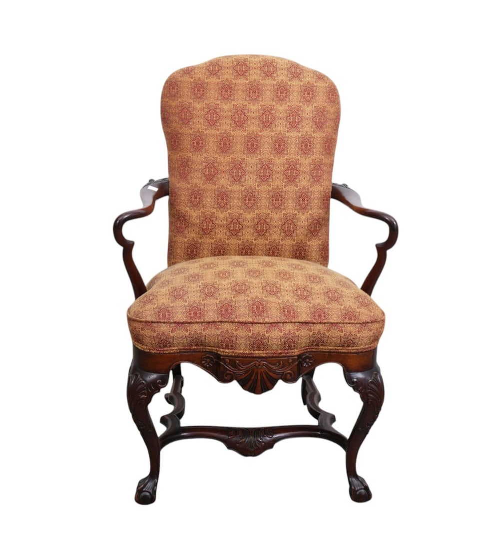 English Mahogany 19th c. Armchair, Curved Arms, Carved Frame, Knees & Stretcher on Claw Feet (1 of 5)