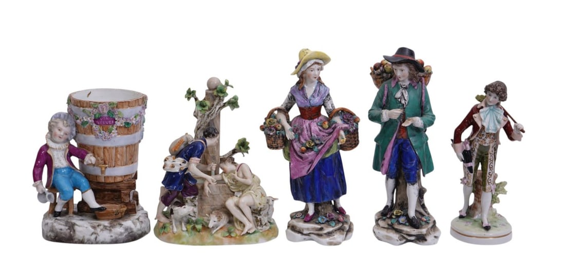 5 Mostly German 19th c. Porcelain Figurines, 9 3/4"h Tallest (1 of 9)