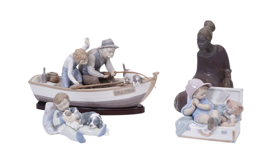 4 Lladro Porcelain Figures, Fishing Boat, Boy with Dog, Boy with Teddy Bear and Matte Glaze "African (1 of 7)