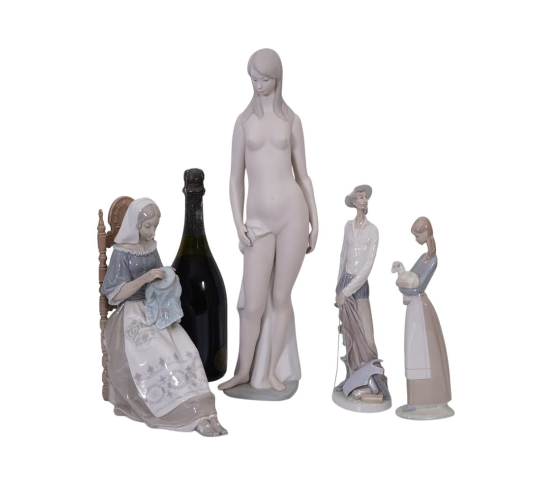 Lladro Porcelain Grouping of 5 Figures, Matte Finish Nude Female, 2 Children on Horse, Woman: Lladro Porcelain Grouping of 5 Figures, Matte Finish Nude Female, 2 Children on Horse, Woman Embroidering, Don Quixote and Girl with 2 Lambs
